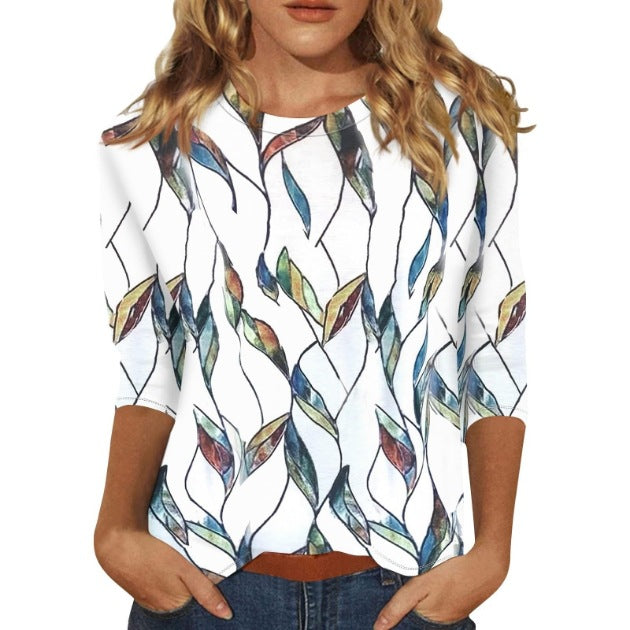 Women's Printed Sleeves Loose Crew Neck Casual Blouses