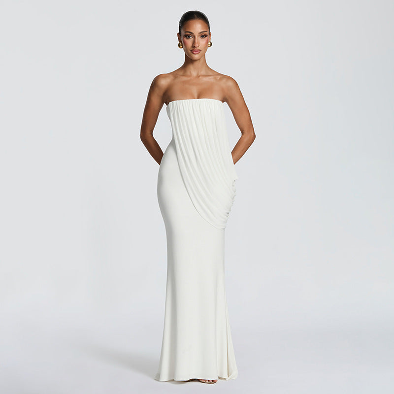 Women's Summer Elegant Pure Color Pleated Mesh Stitching Hip Dress