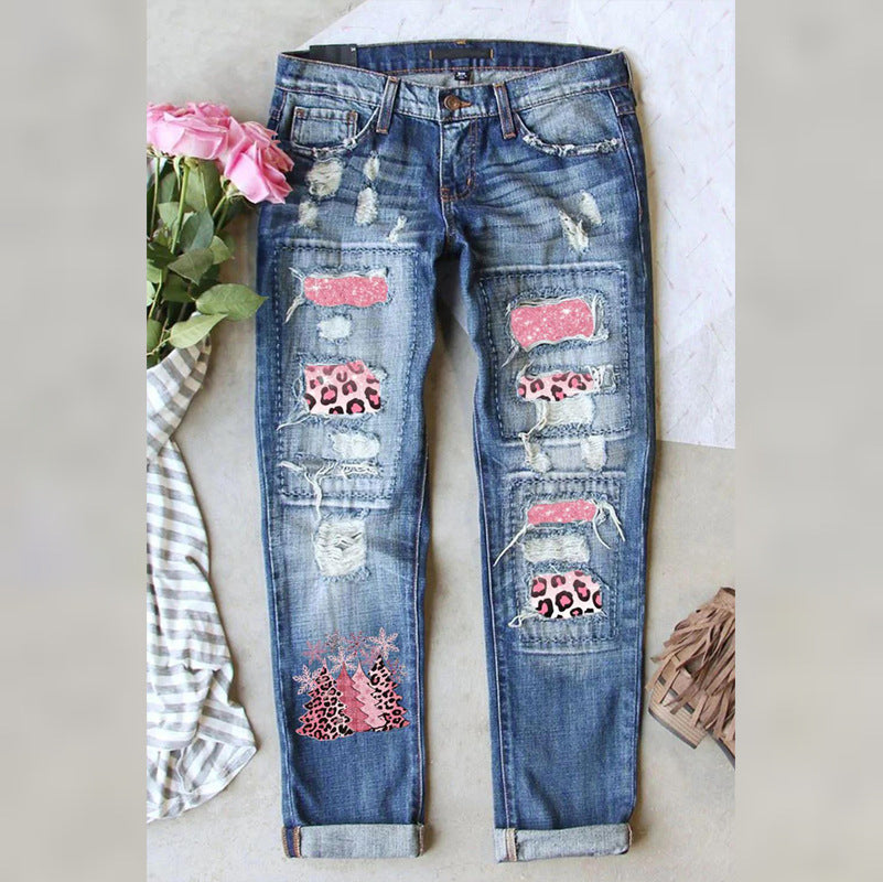 Leopard Ripped Printed Casual Loose Washed-out Jeans