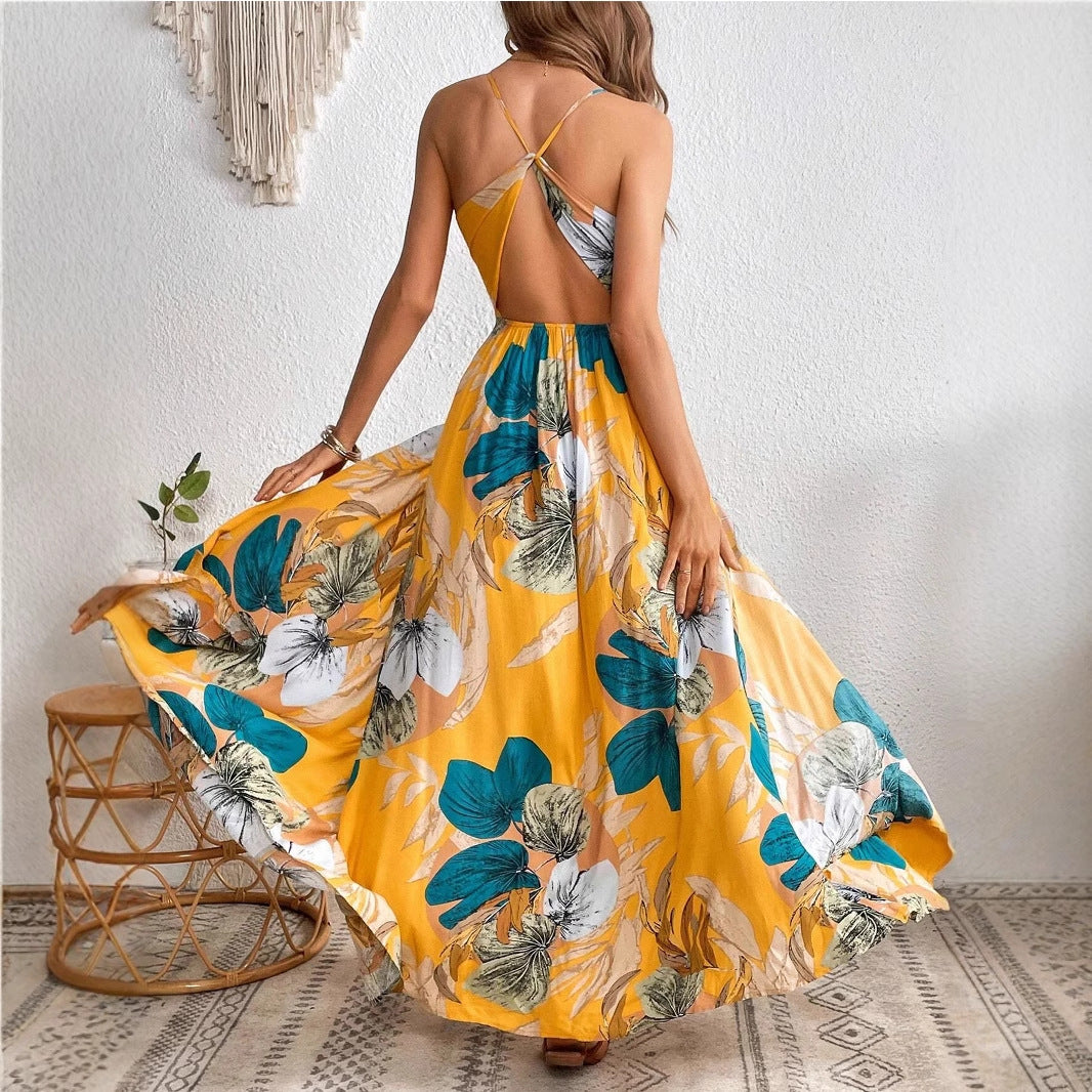 Attractive Tropical Printing Thigh Split Strap Dress