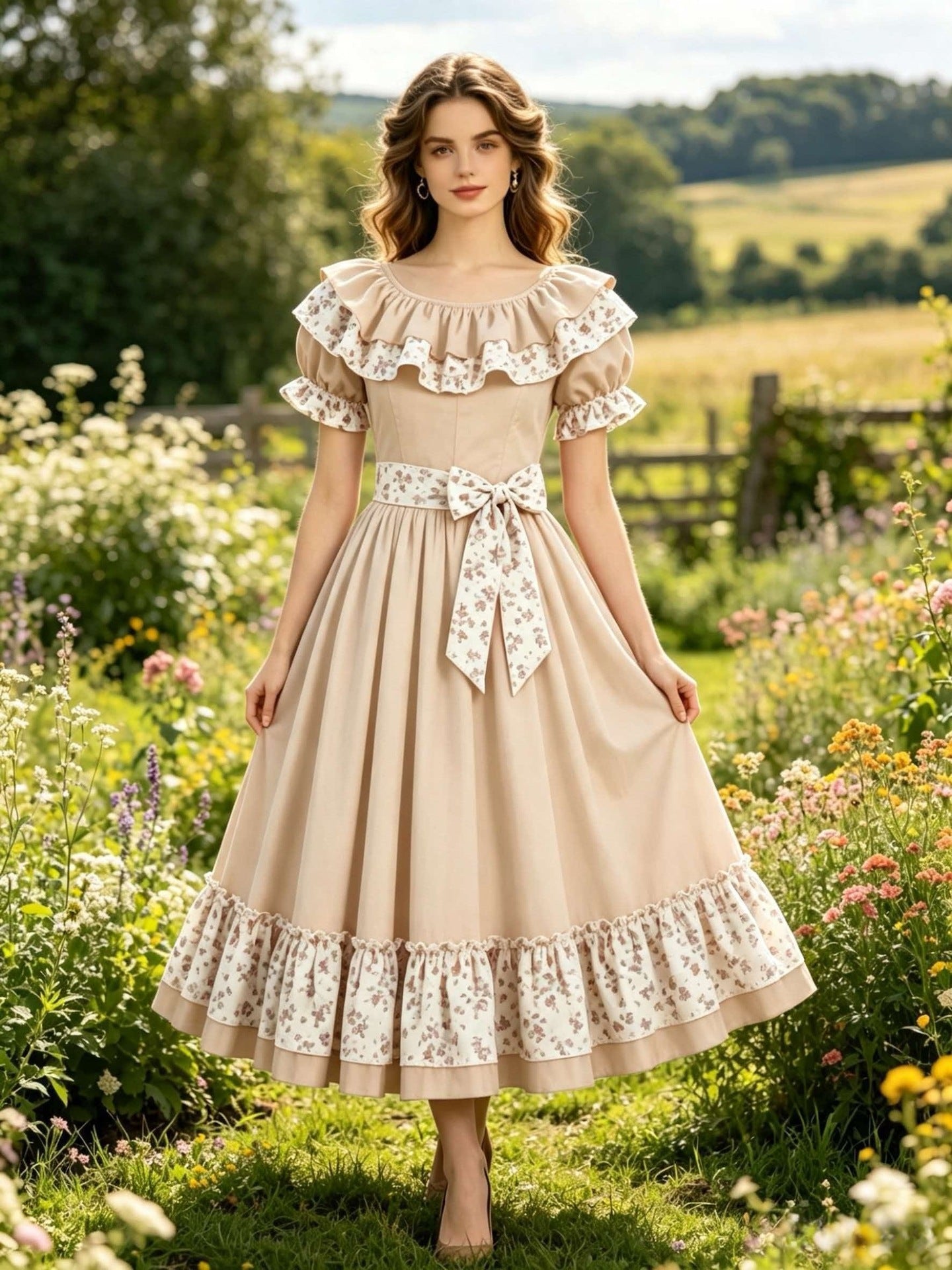 Country Lolita Ruffled Collar Floral Lace Dress