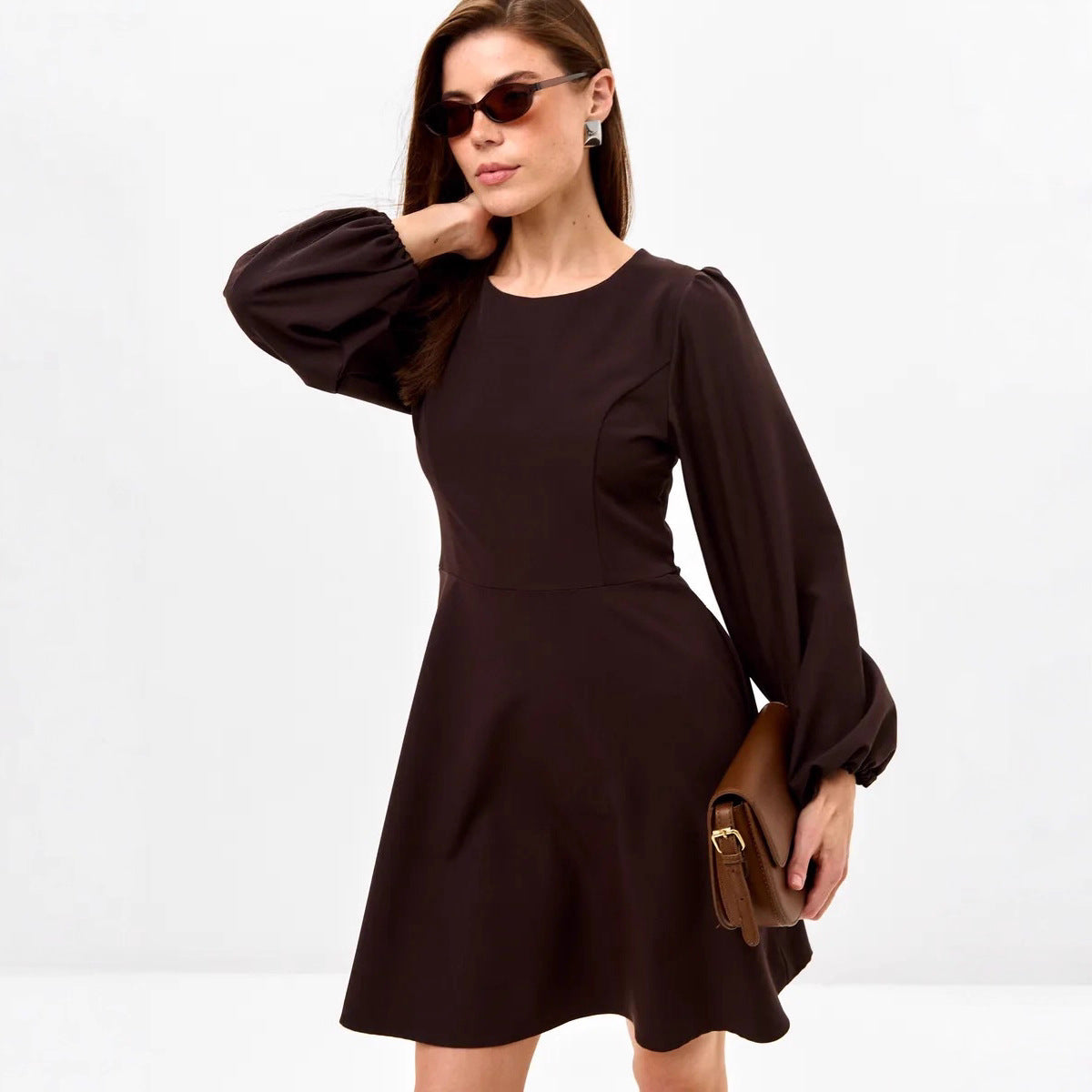 Women's Autumn Round Neck Large Swing Pocket A- Line Bubble Dress