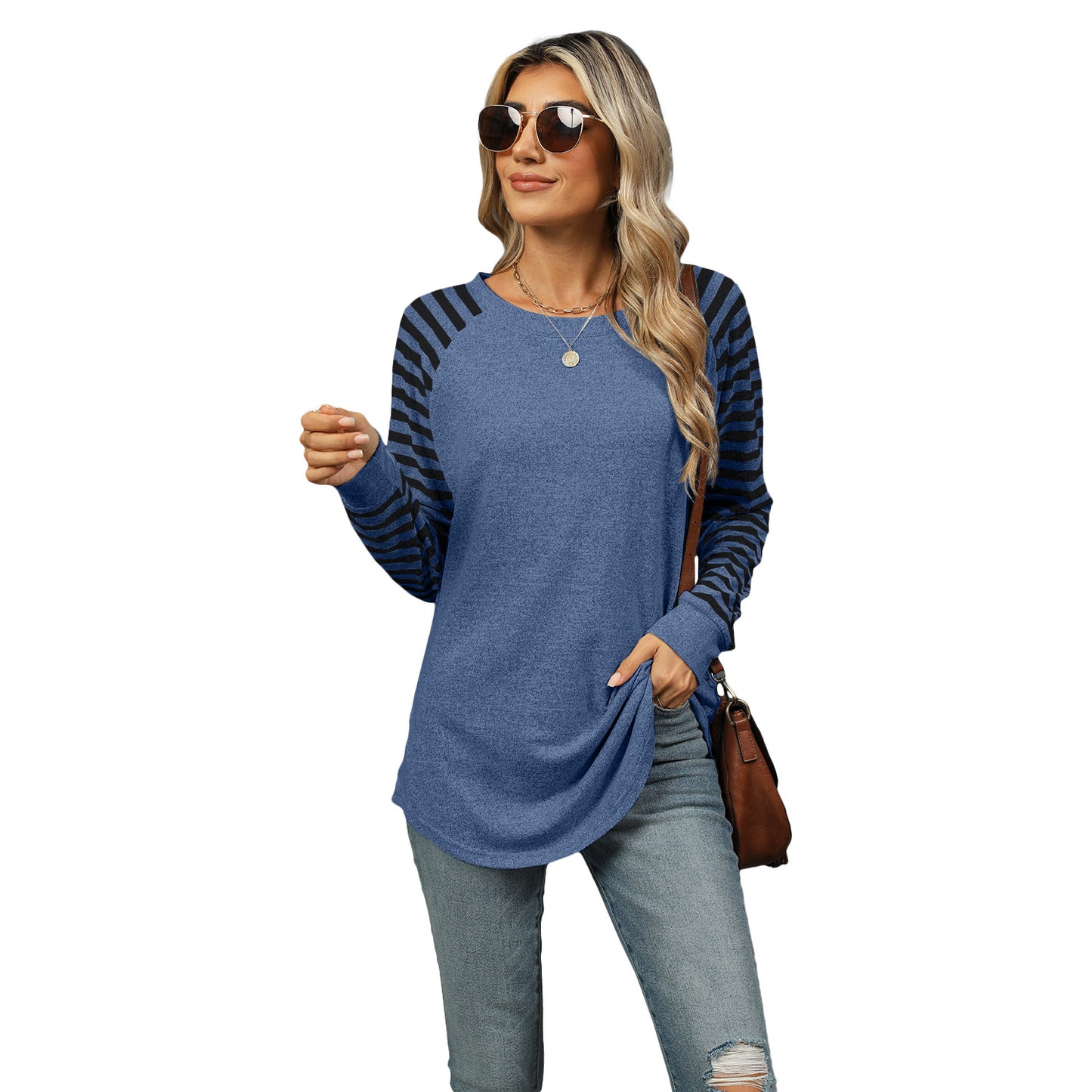 Women's Color Striped Patchwork Round Neck Long-sleeved T-shirt Blouses
