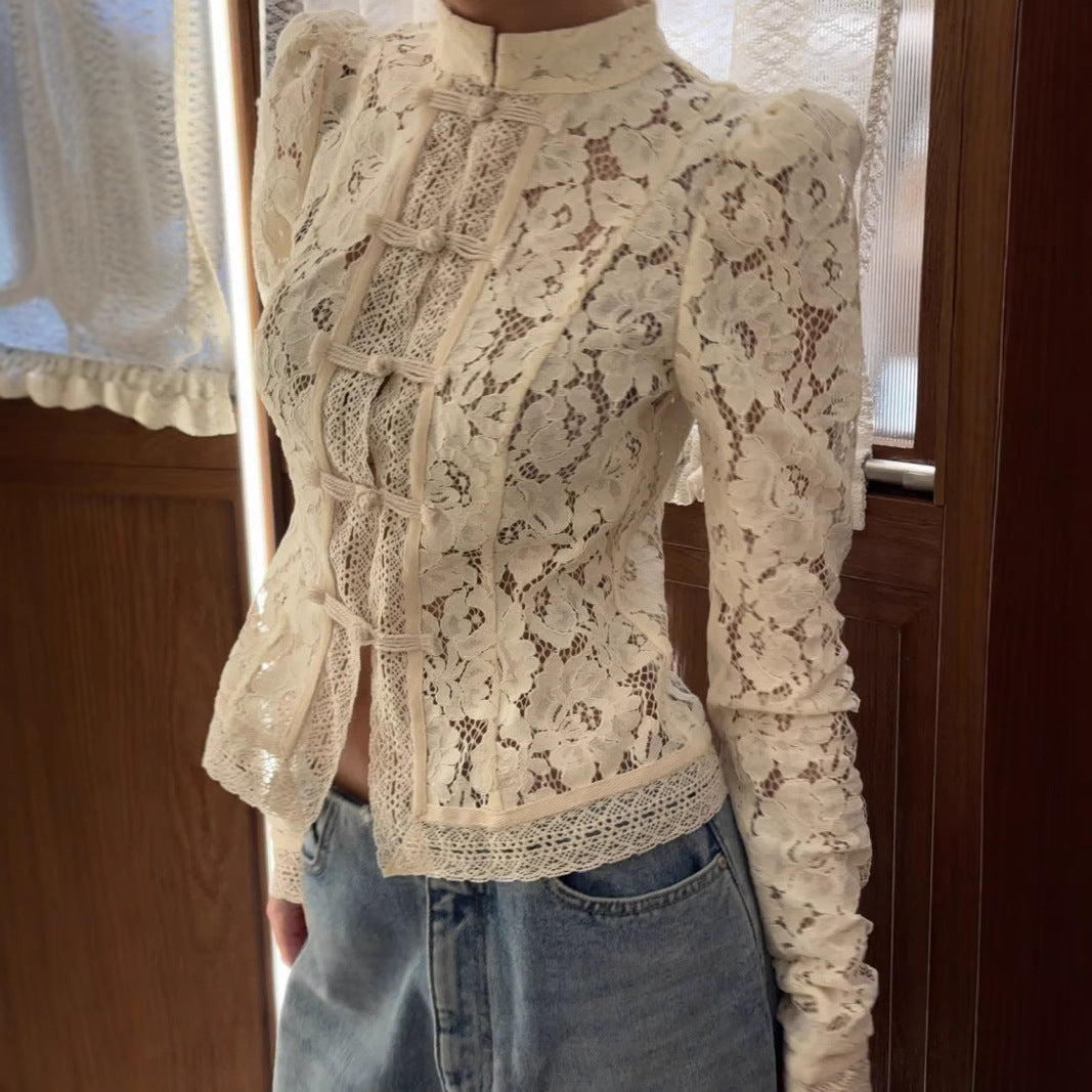 Women's Commute Lace Crochet Stand-up Collar Slim Blouses