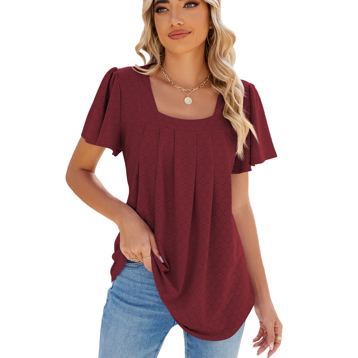 Women's Solid Color Square Collar Pleated Sleeves Blouses