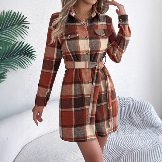 Women's Contrast Color Plaid Faux Pocket Long-sleeved Dresses
