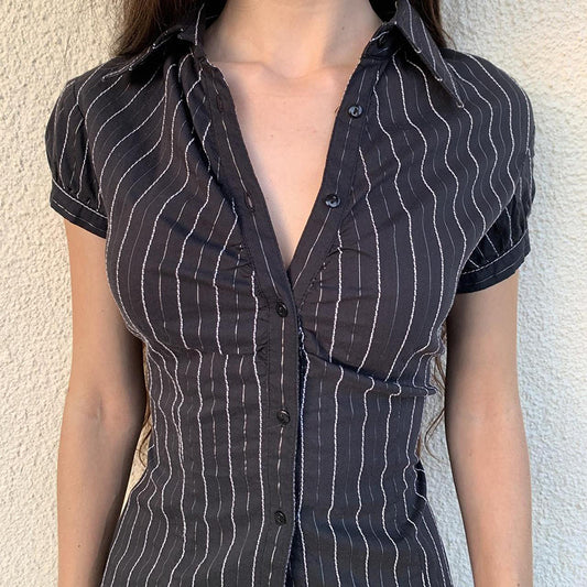 Vintage Stripe Puff Sleeve Slimming Contrast Color Blouses