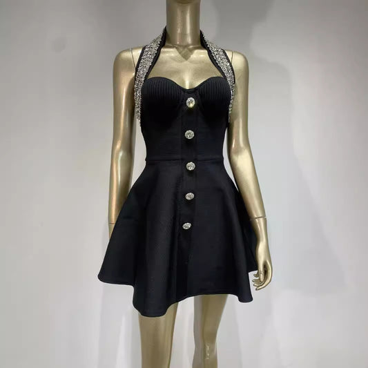 Summer Halter Bandage Dress Rhinestone Single-breasted A- Line Dresses