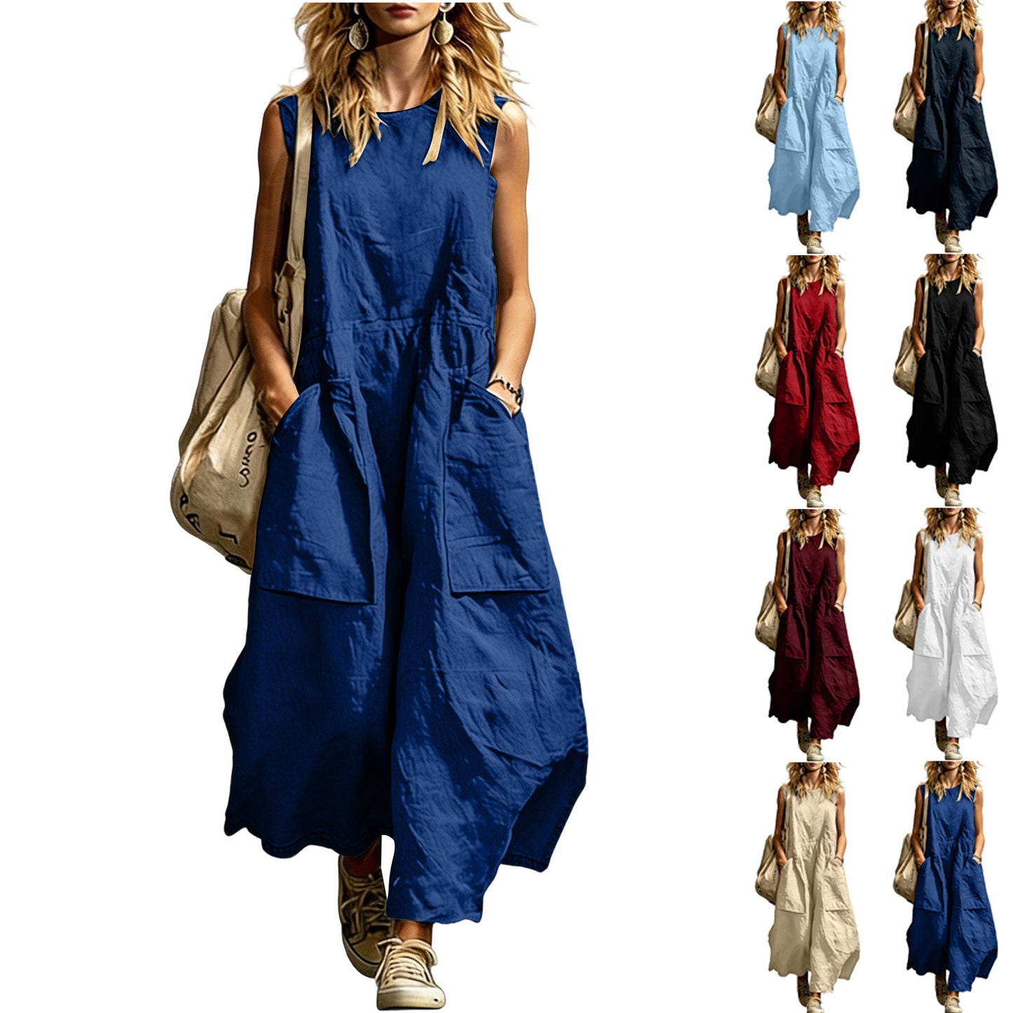 Women's Color Washed Wrinkle Sleeveless Double Pocket Dress