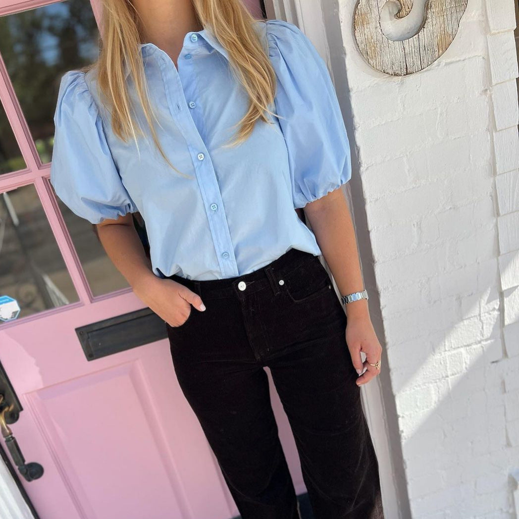Women's Summer Puff Sleeve Solid Color Buttons Blouses