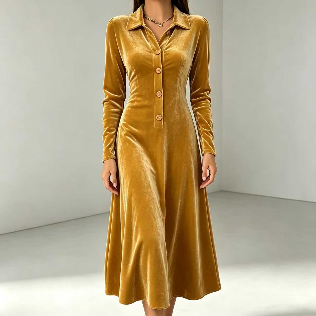 Veet Collar Solid Color Buttons Knitted Dress