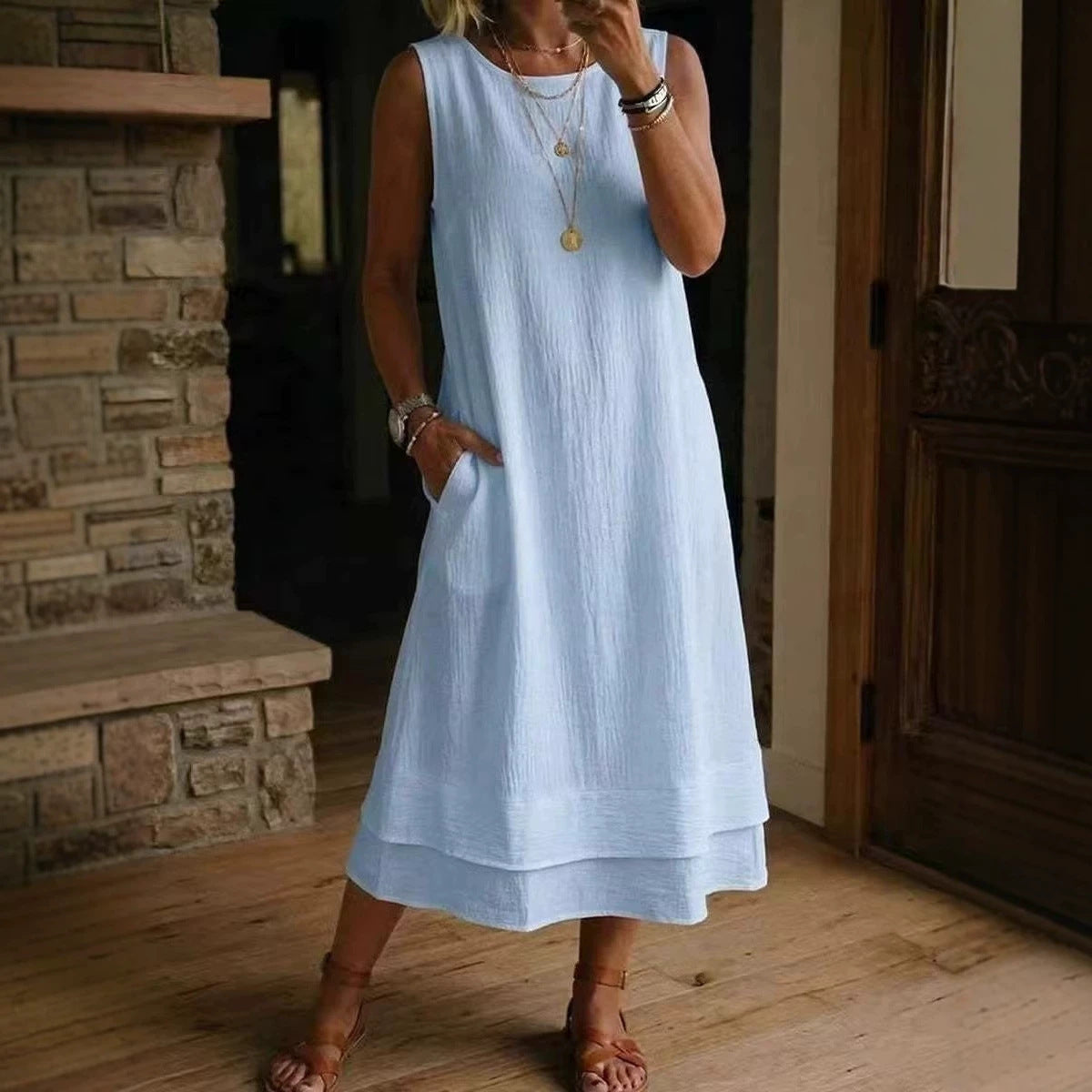 Fashion Casual Round Neck Pocket Long Solid Dress