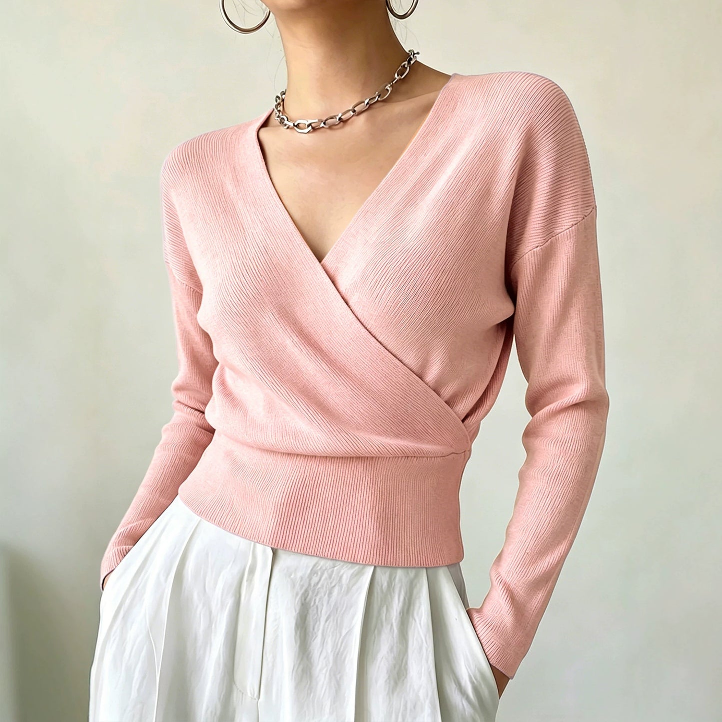 Women's Sleeve Solid Color Fashion Cross Collar Tight Waist Women's Sweater