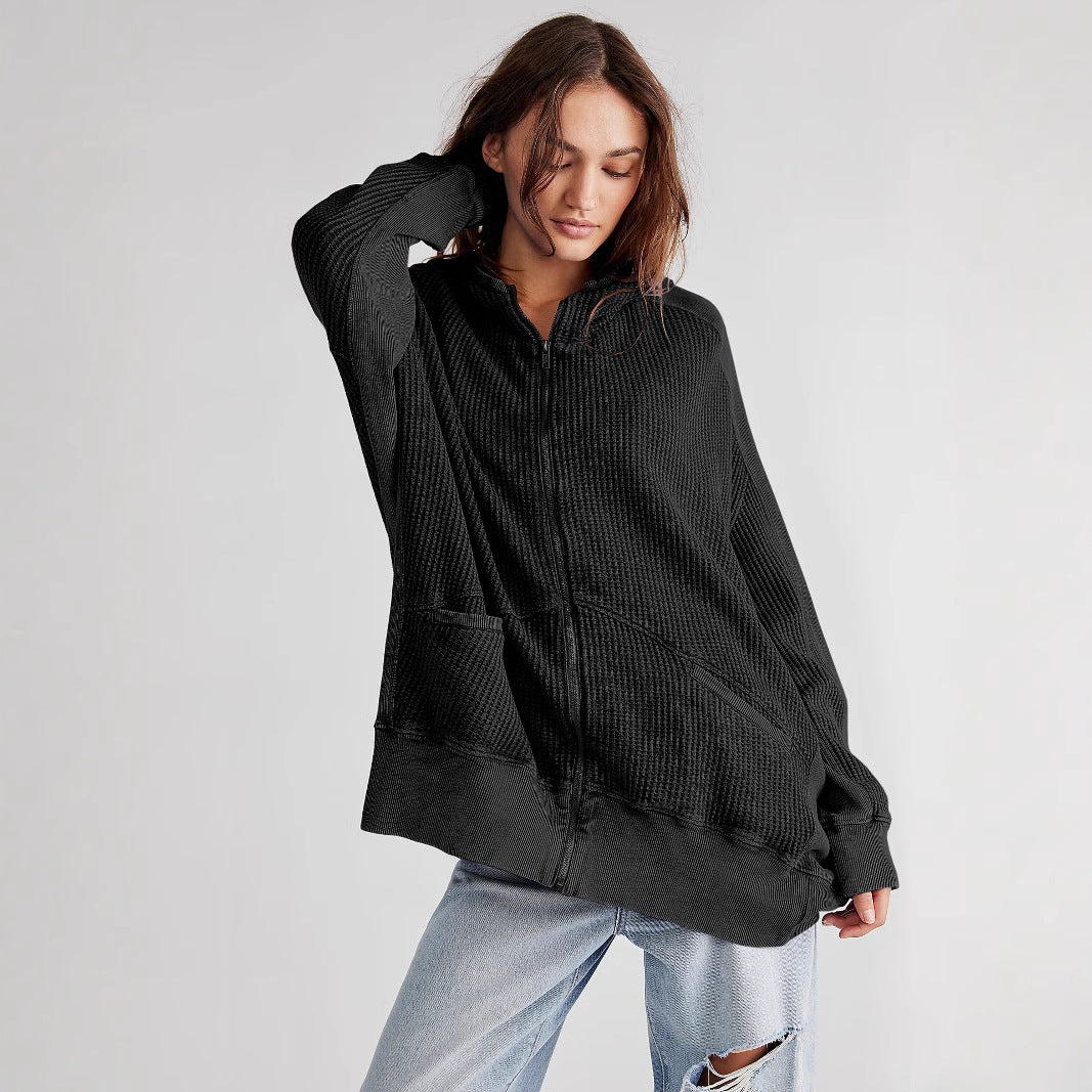 Women's Waffle Zipper Home Wear Outerwear Hoodie Sweaters