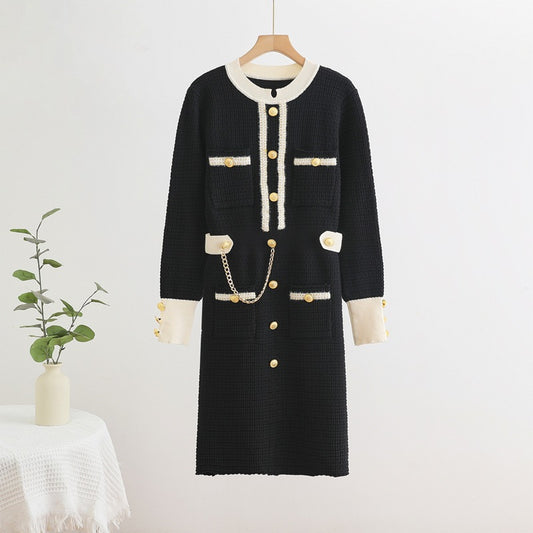 Contrast Color Long Sleeves Round Neck Waist Trimming Dresses