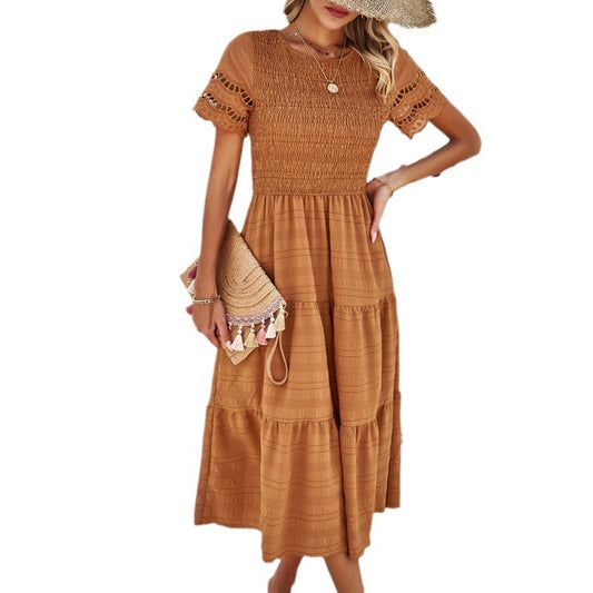 Women's Temperament Pure Color Sleeve Hollow Dress Dresses
