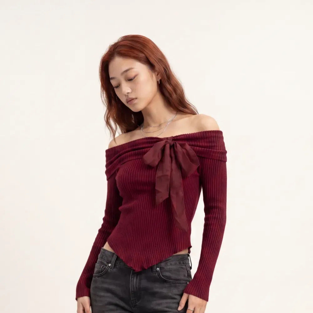French Sunken Stripe Knit With Bow Tops