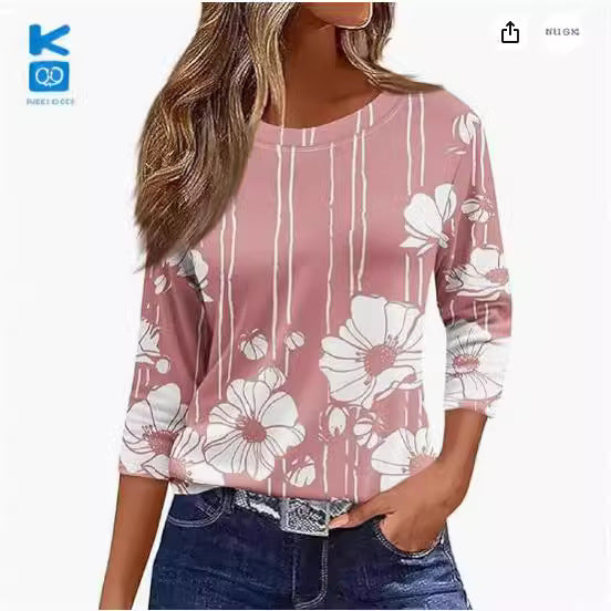 Women's Printed Solid Color Three-quarter Length Sleeve Blouses