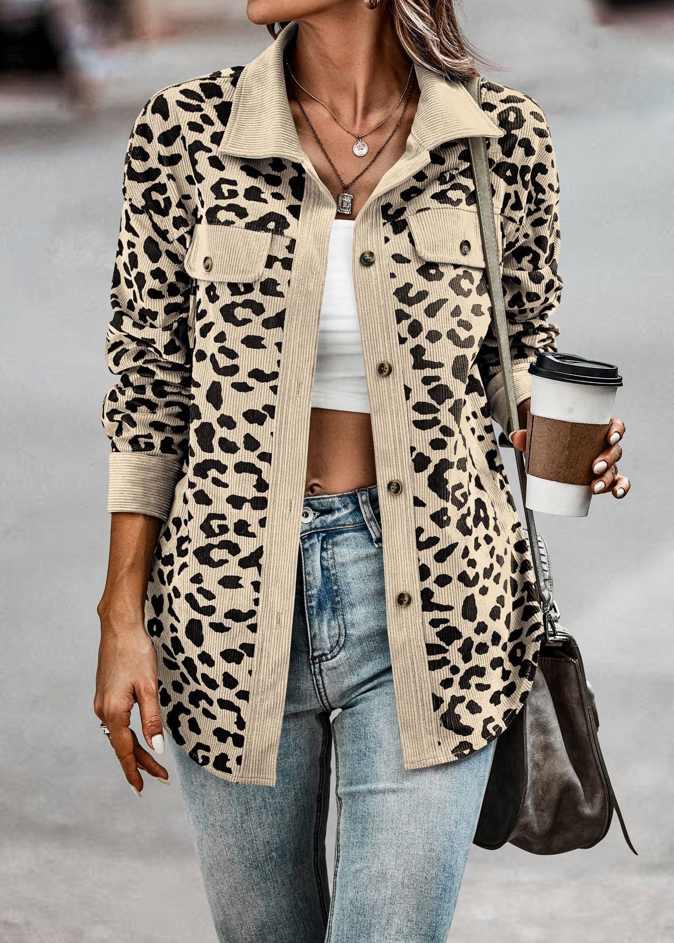 Women's Fashion Leopard Print Button Long Sleeve Coats