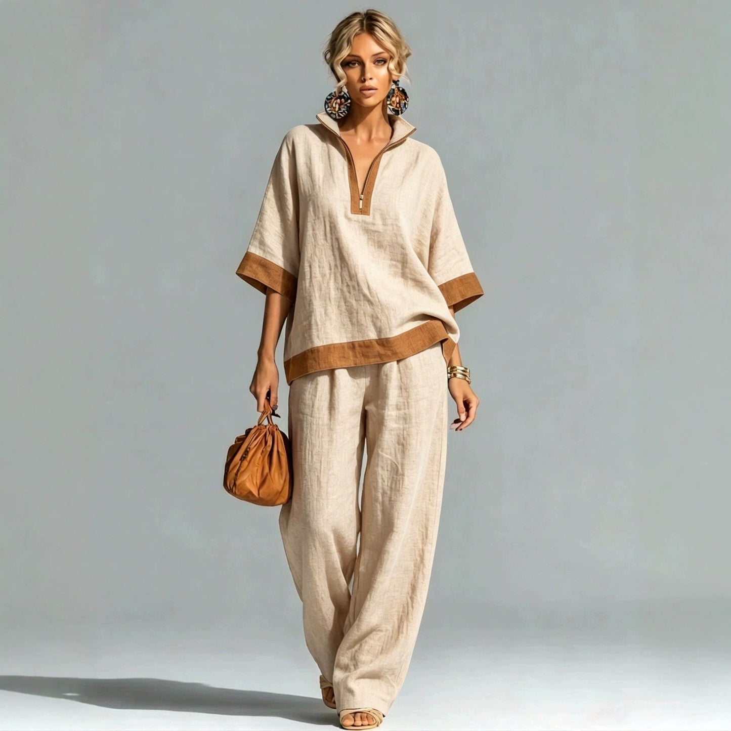 Women's Color Half Zipper Cotton Linen Half-sleeve Fashion Casual Suit
