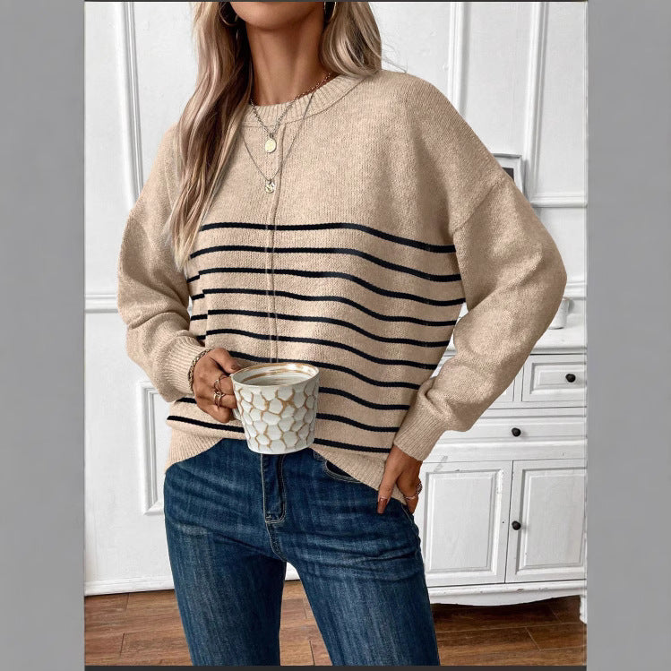 Women's Classic Versatile Loose Thick Quality Striped Round Sweaters