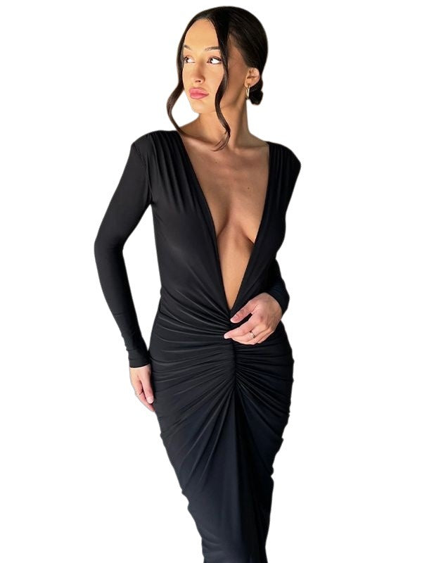 Women's Summer Fashion Sexy Slim Fit Pleated Solid Color Long Dress