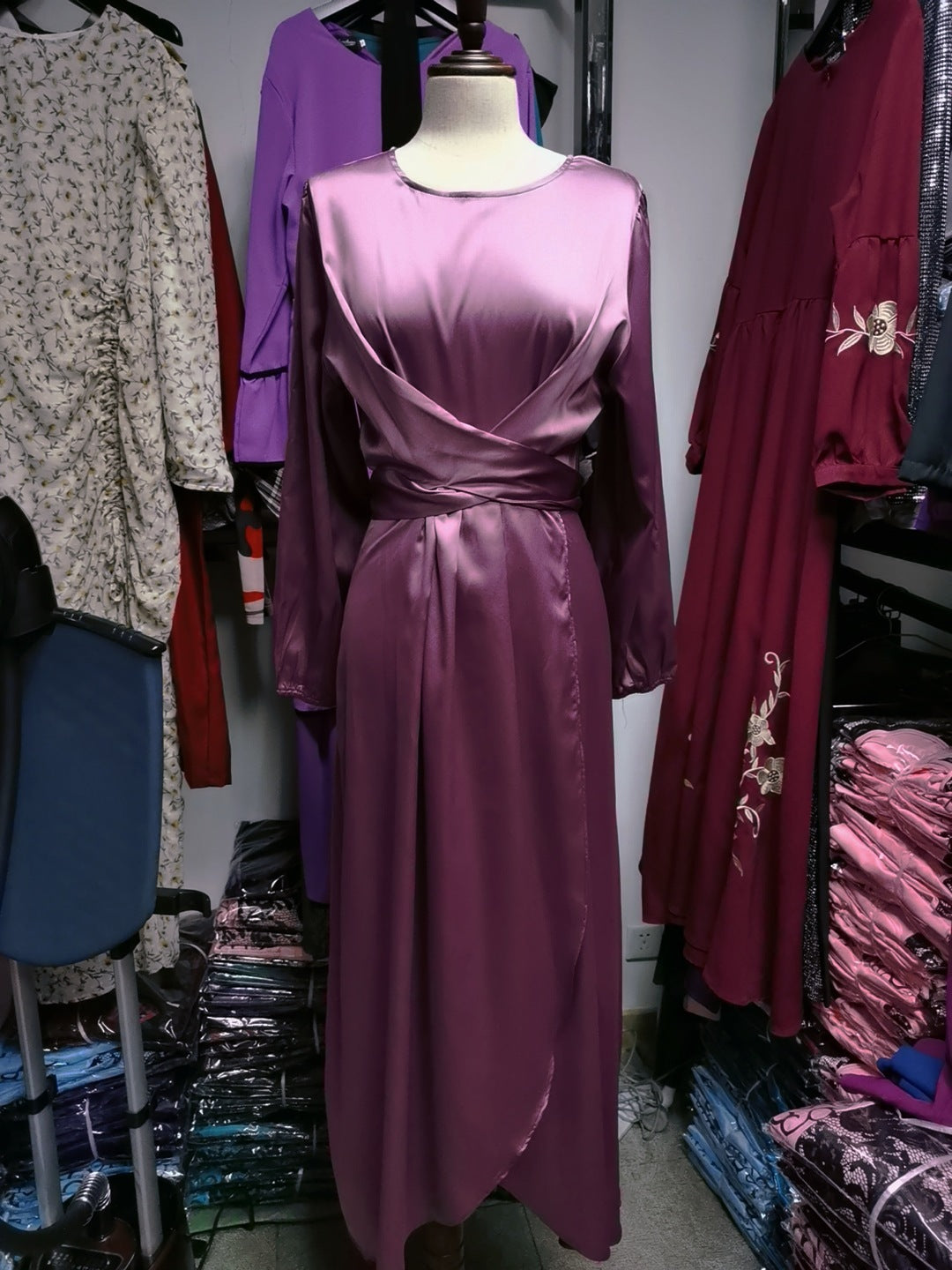 Fresh Sweet Satin Long Lantern Sleeve Lace Dress