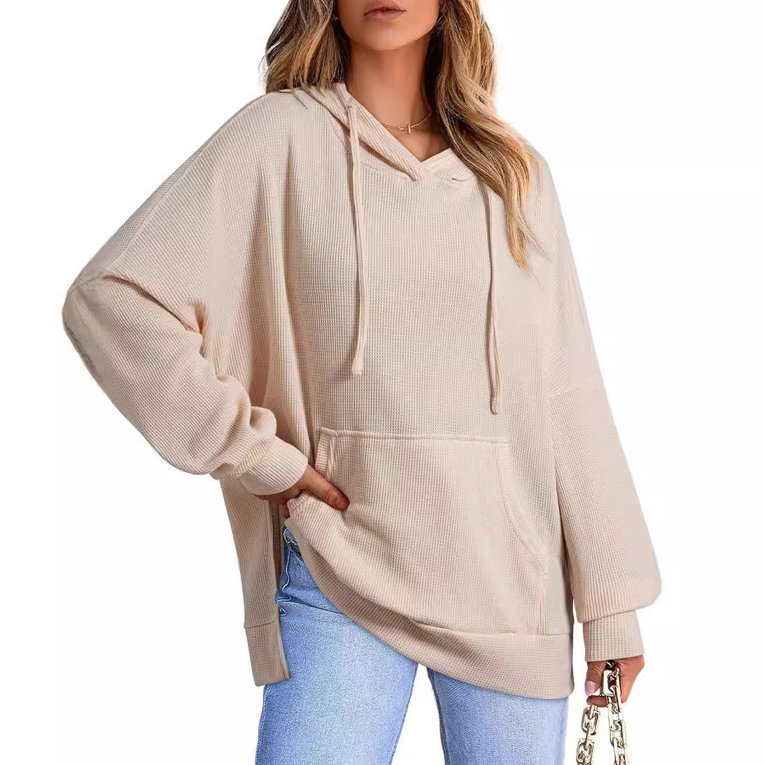 Women's Hoodie Waffle Knitted Side Slit Pullover With Pocket Women's Sweater, Sweater