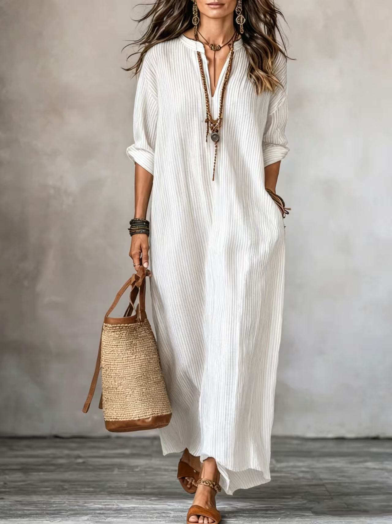 Women's Summer Fashion Sleeve Striped Design Solid Color Dress
