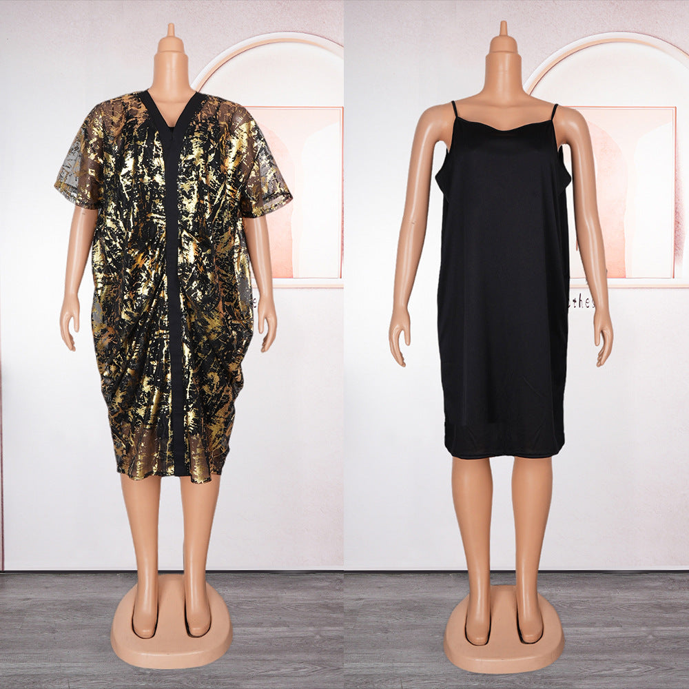 Women's Soft Grid Bronzing Dress Two-piece Sling Plus Size