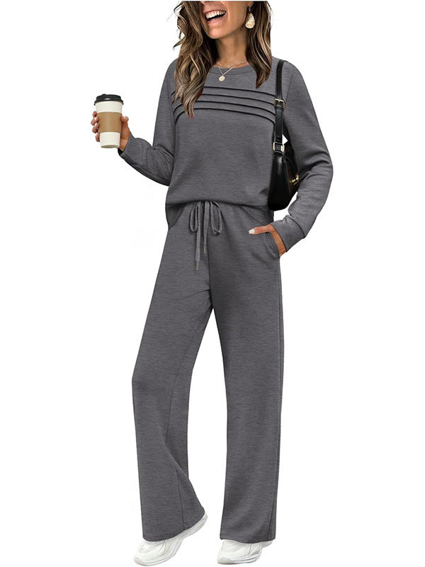 Women's Autumn Long Sleeve Round Neck Elastic Waist Trousers Fashion Casual Suit