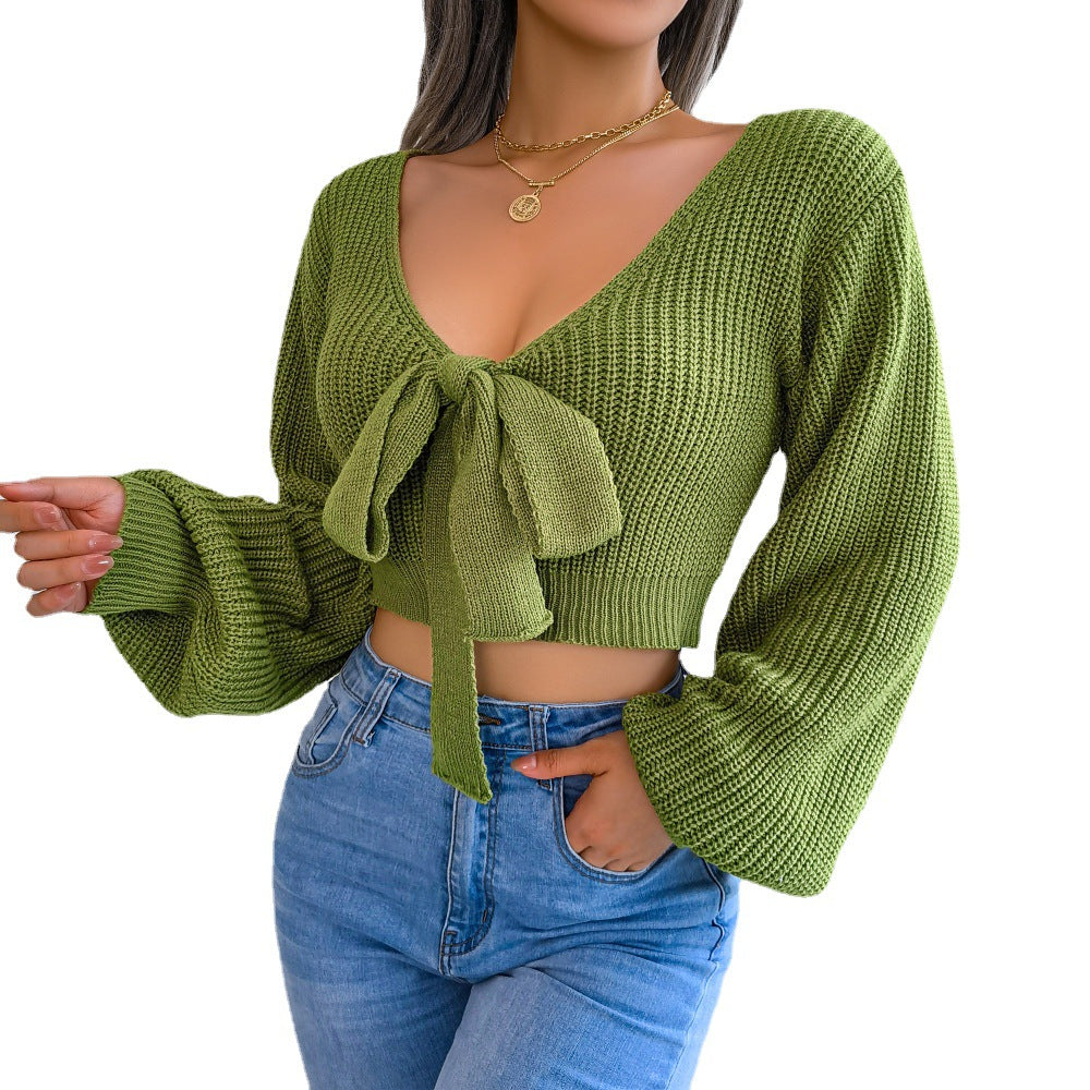 Women's Style Fashion Bowknot Lantern Sleeve Sweater