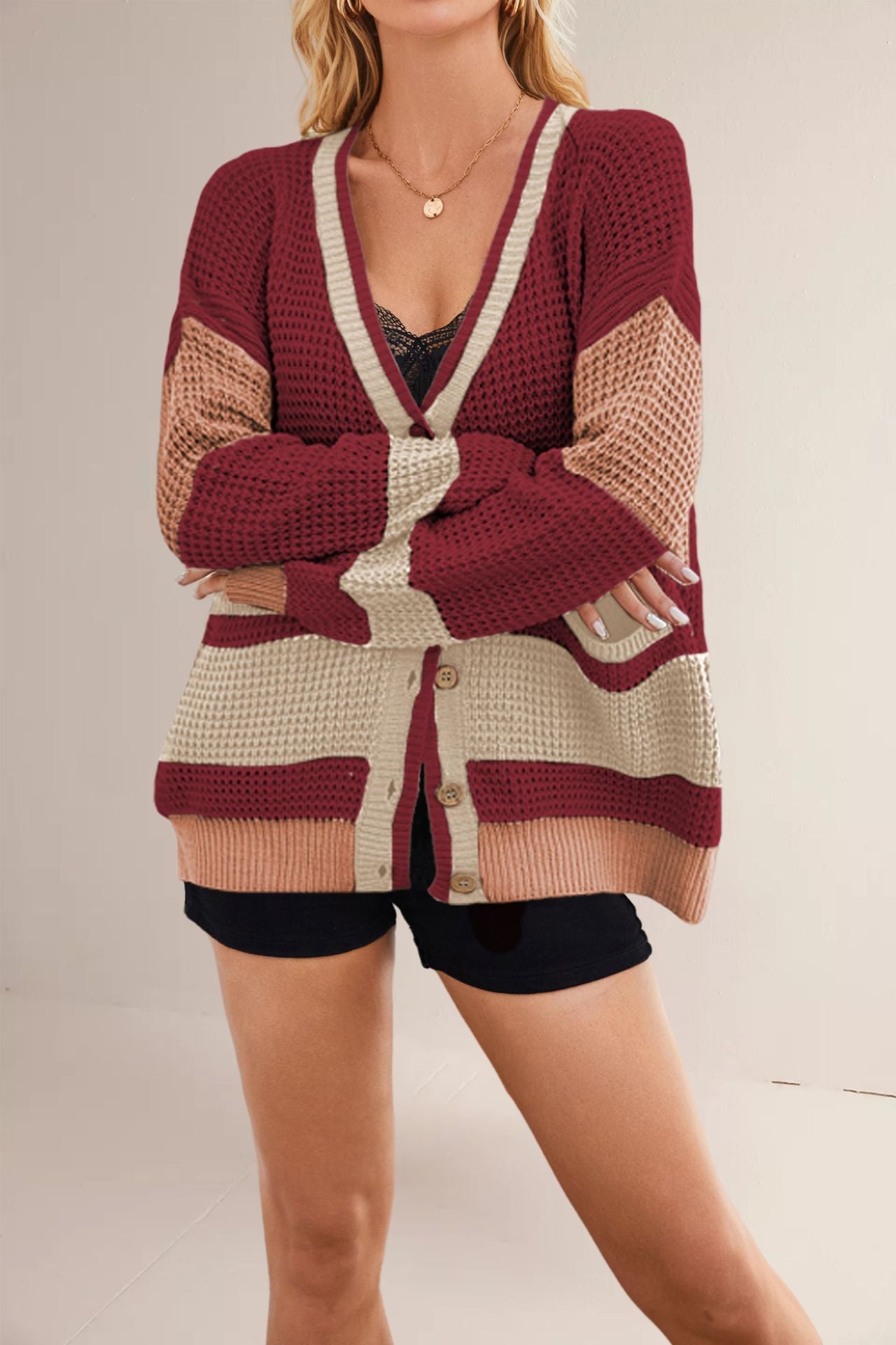 Women's Classy Knitted Pocket Color Matching Sweaters