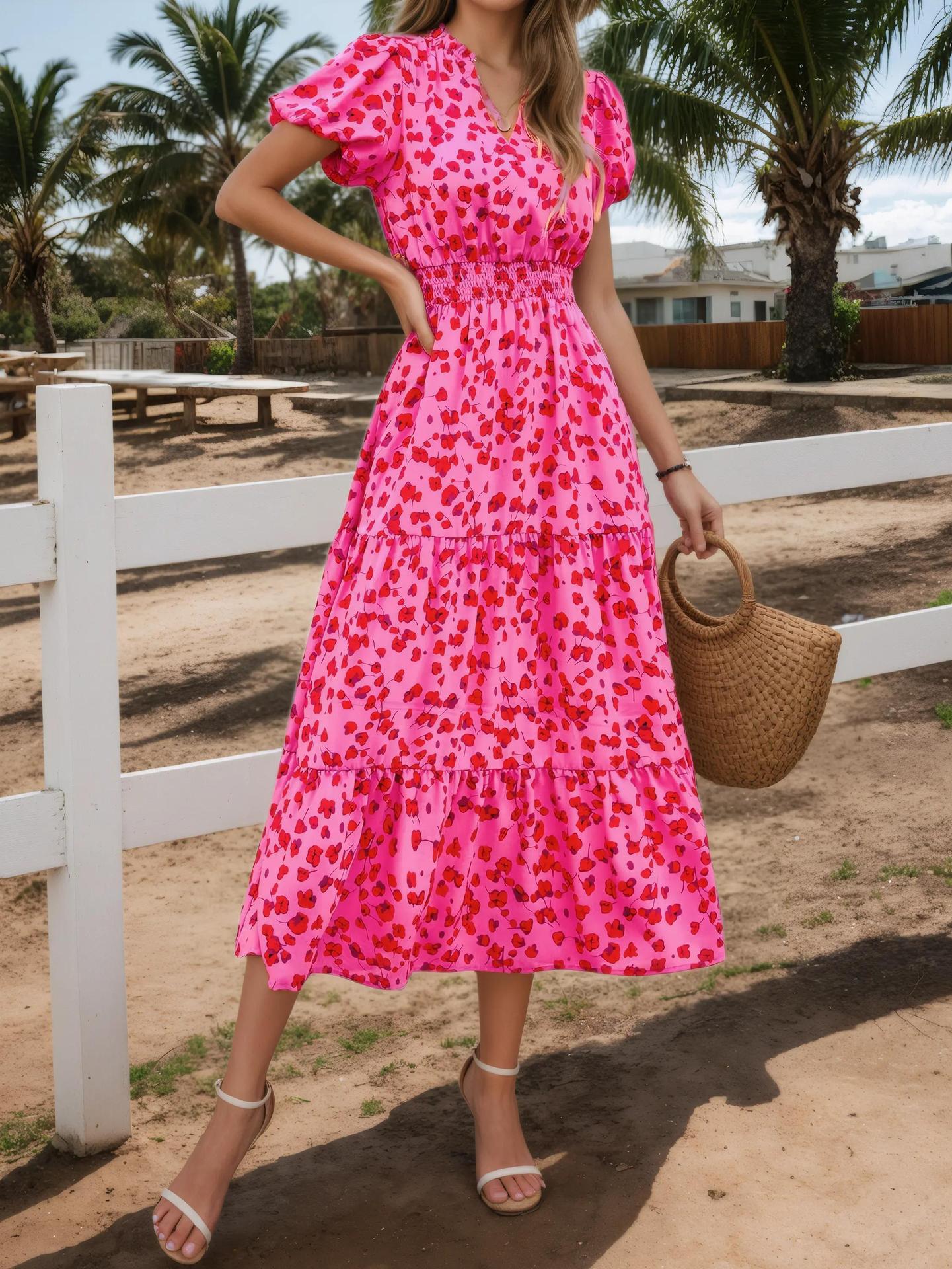 Women's Puff Sleeve Floral Sexy Print Waist Dress