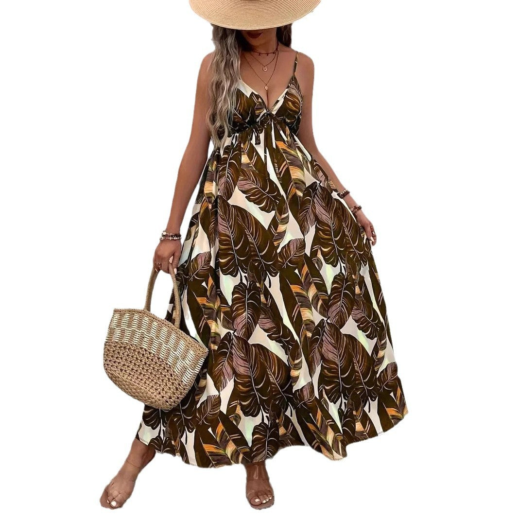 Summer Printed Spaghetti Straps Sleeveless Tropical Printing Dress