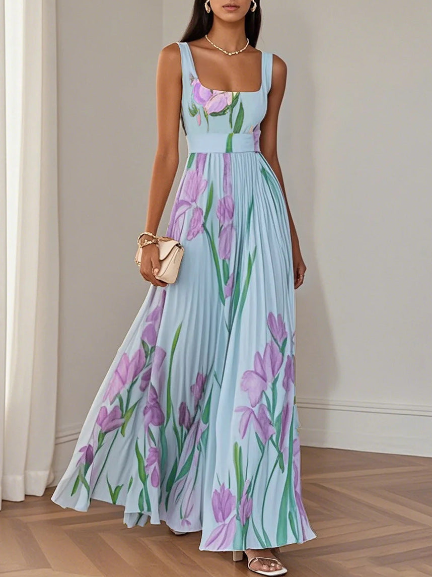 Women's Sling Digital Printing Pleated Floral Maxi Dresses
