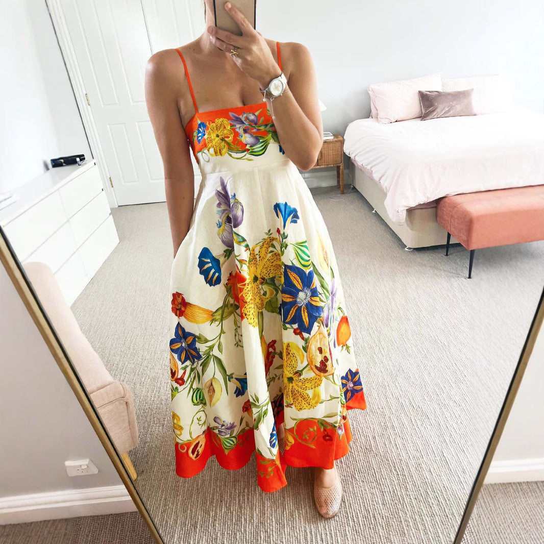 Women's Sexy Strap Iti Linen Printed Large Dress