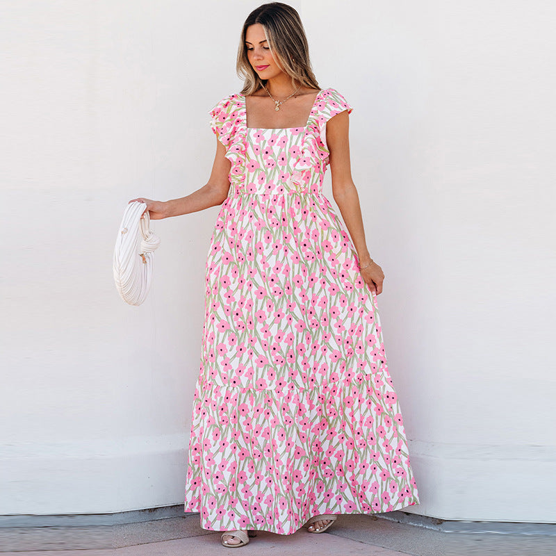 Women's Pullover Square Collar Long Casual Floral Print Dresses