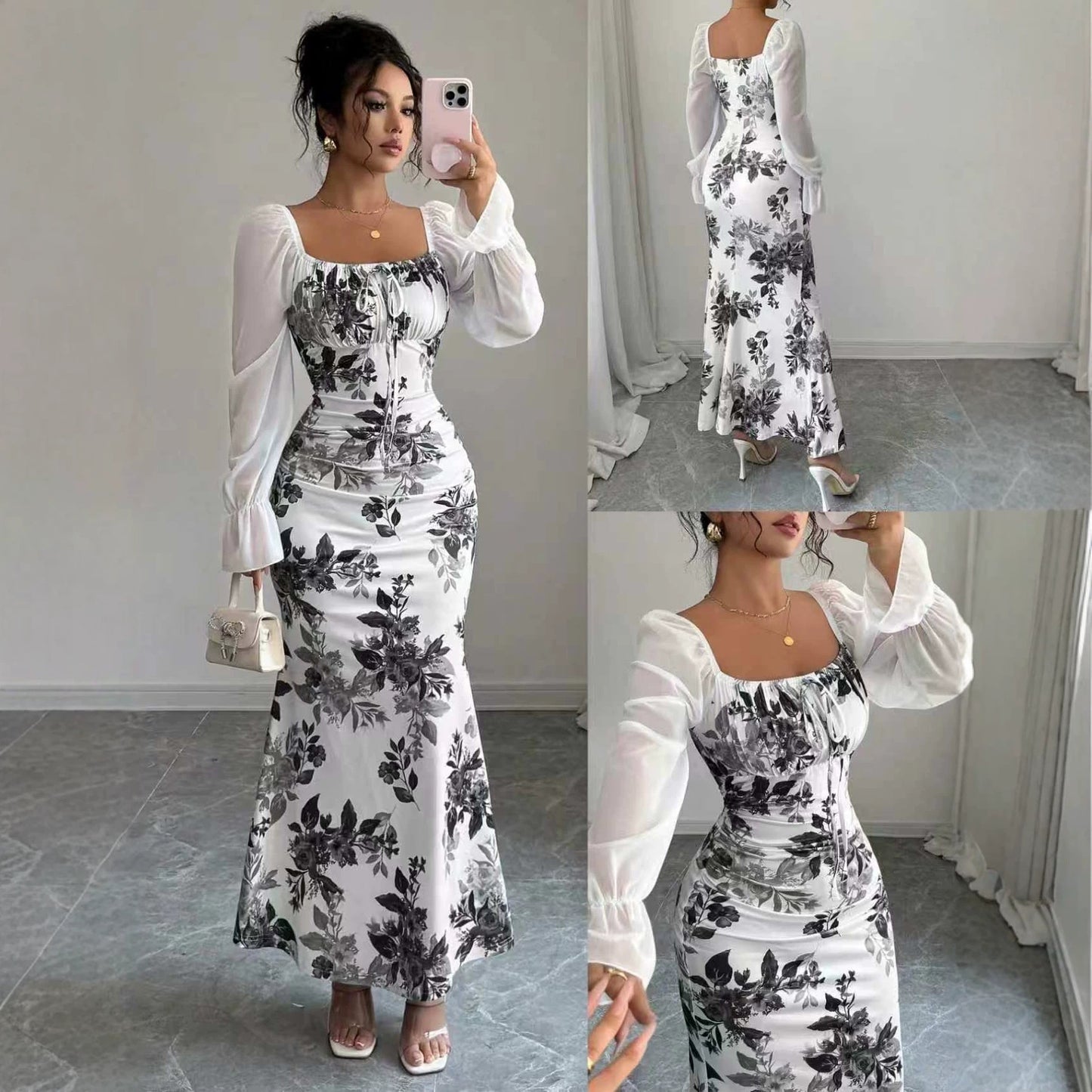 Women's Elegant Pleated Waist Floral Horn Sleeveless Dress