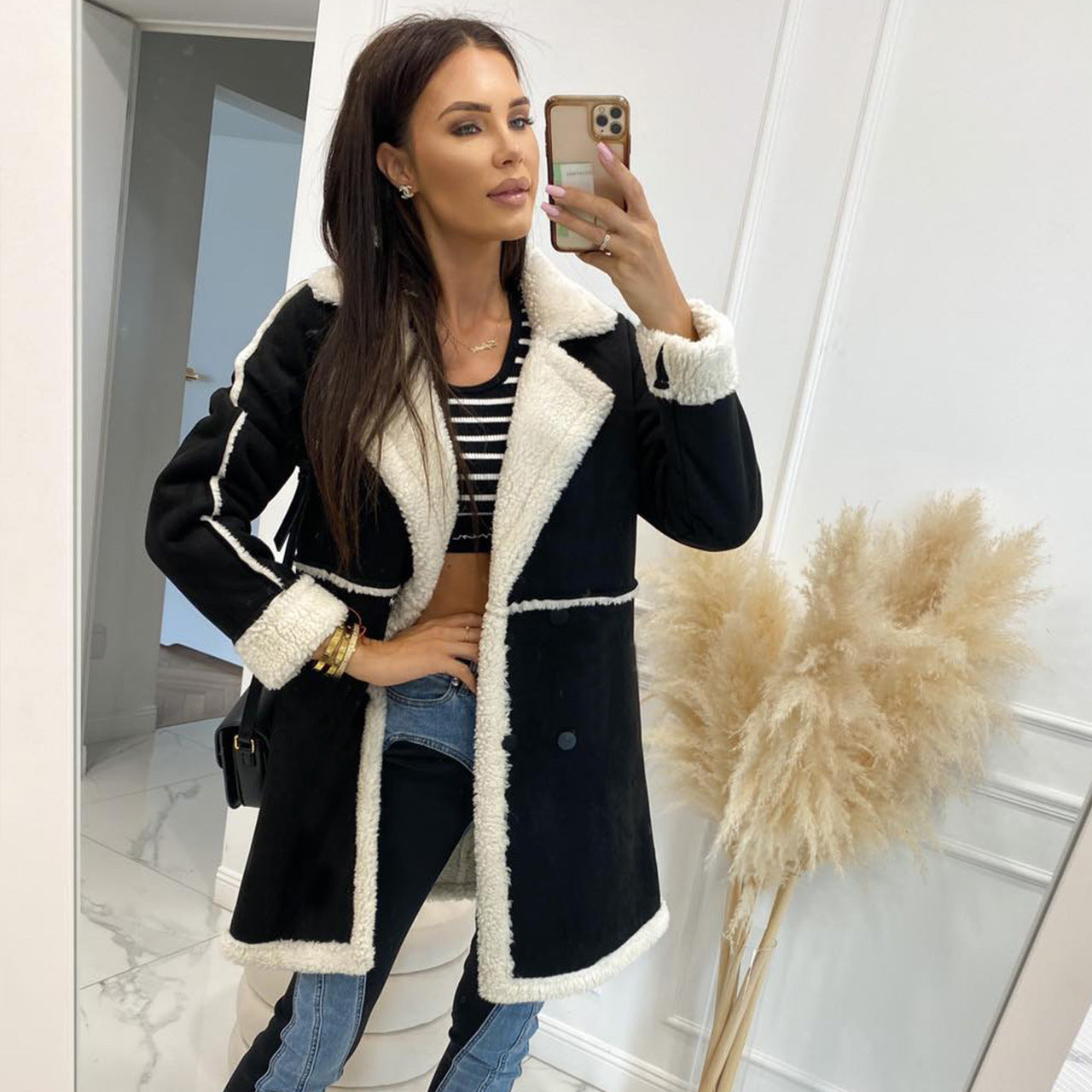 Innovative Pure Color Thickened Spliced Overcoat Coats