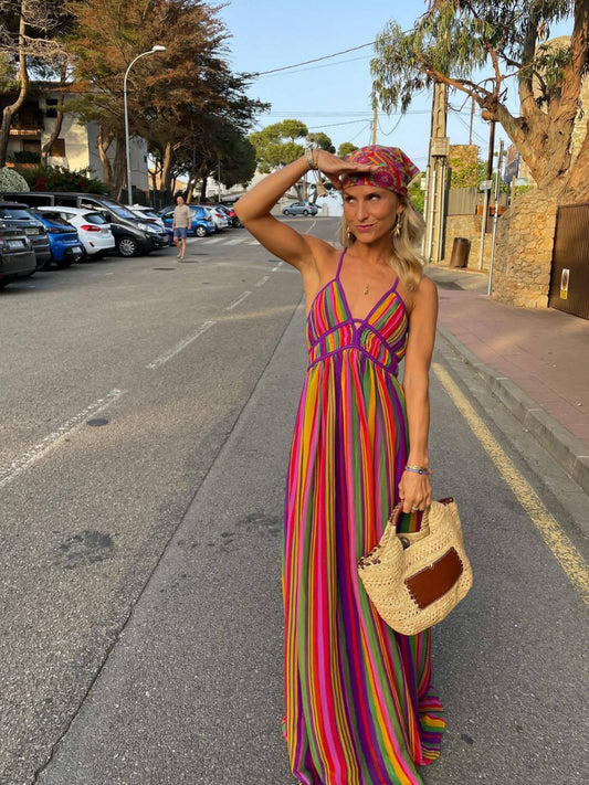 Graceful Beach Dress Rainbow Striped Sleeveless Dresses