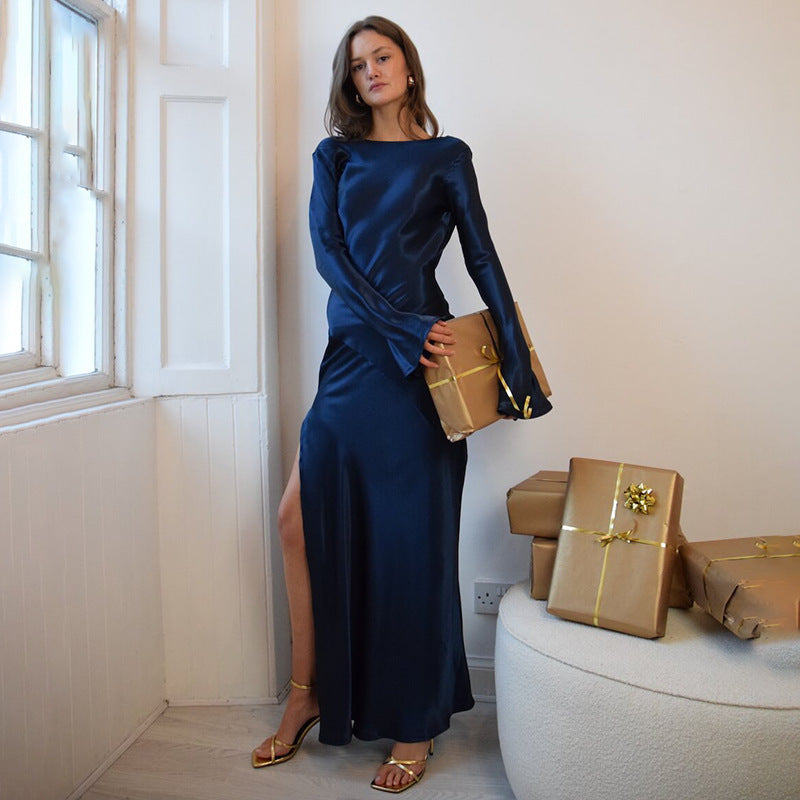 Backless Satin High Slit Flared Sleeves Dresses