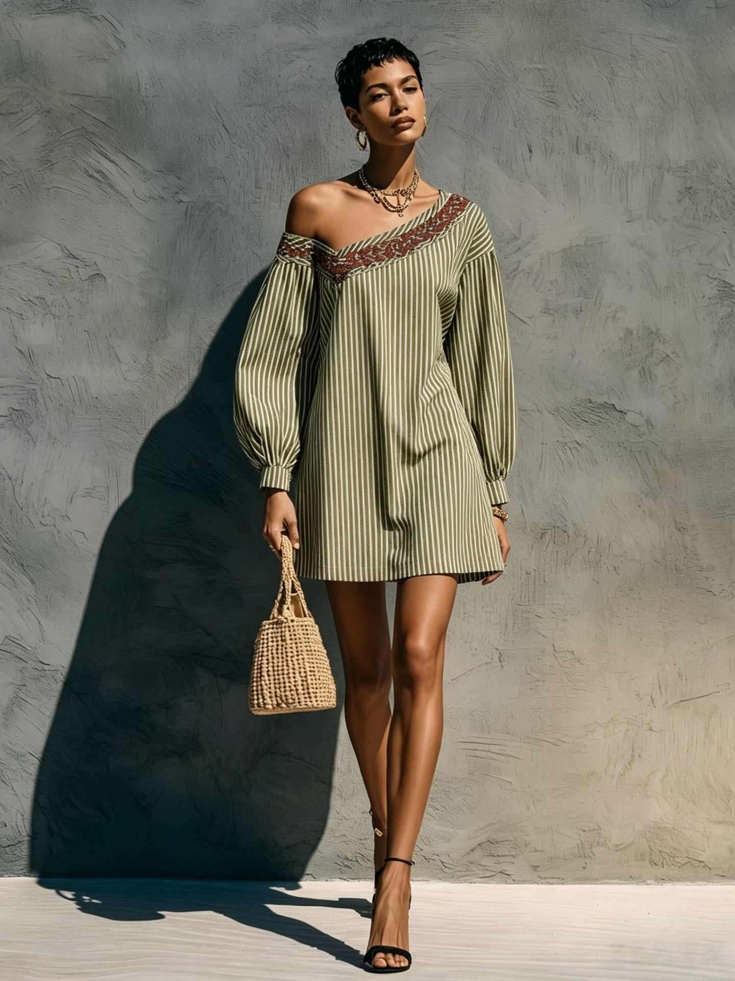 Women's Striped Long Sleeve Embroidered Minimalist Mini Dress