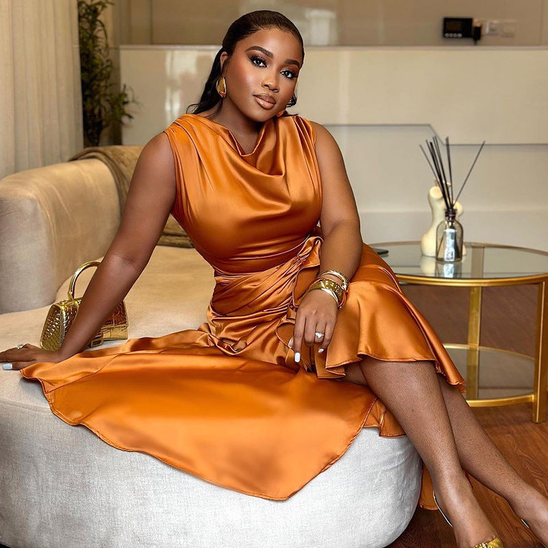 Women's Sleeveless Slim Fit Ruffled Mid-length Irregular Dresses