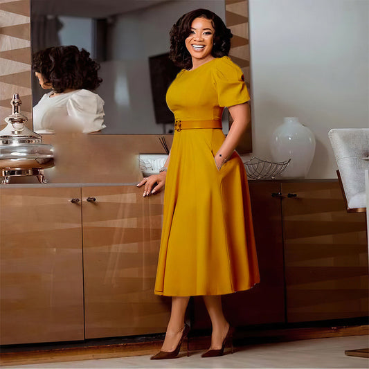 Women's Summer Elegant Solid Color Puff Sleeve Dresses