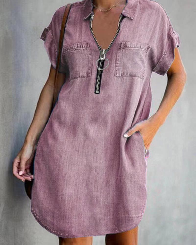 Charming Lapel Sleeve Loose Denim Shirt Dress