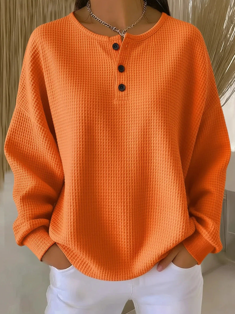 Round Neck Waffle Solid Color Pullover Women's Sweater