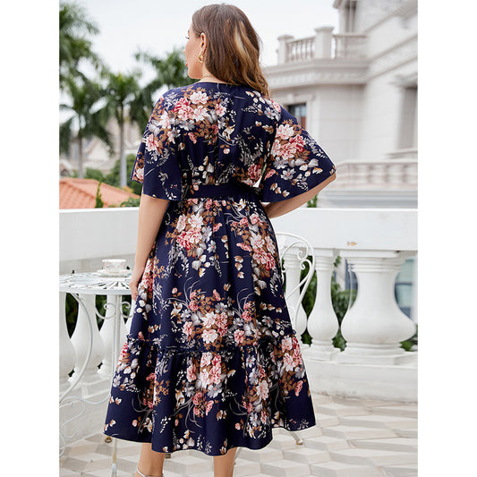 Develop Summer Dark Blue Printing Dress Plus Size