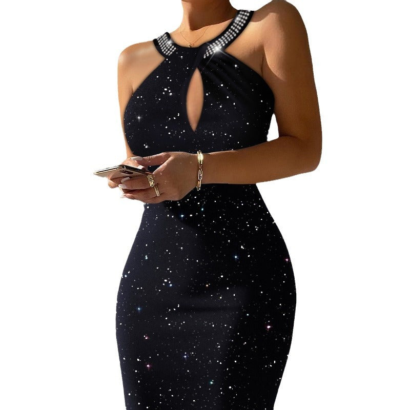 Fashionable Sequins Halter Rhinestone Flash Sleeveless Backless Sheath Sexy Dress