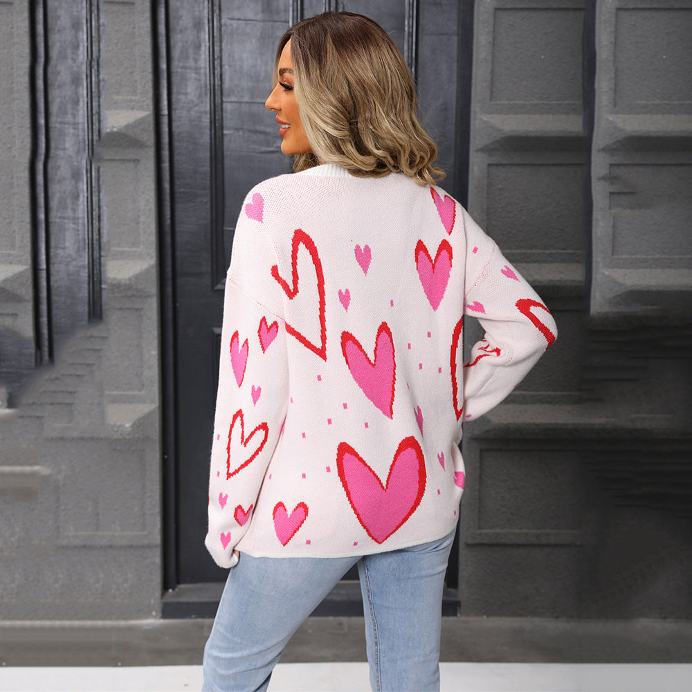 Women's Love Pullover Loose Round Neck Long Sweater